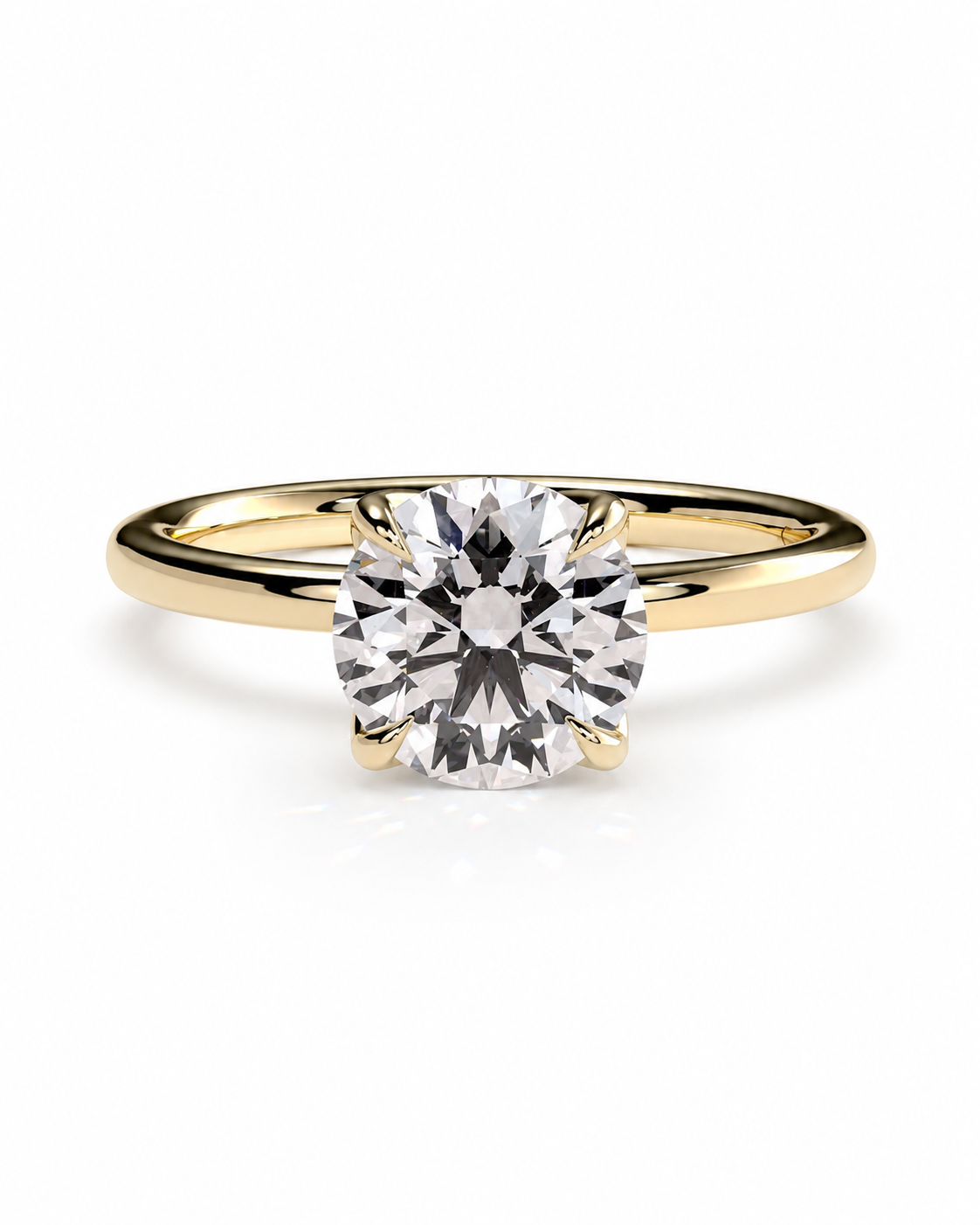 color_10K_YG, color_14K_YG &&A classic solitaire engagement ring featuring a round brilliant-cut diamond set in a yellow gold four-prong band, shown on a clean white background.