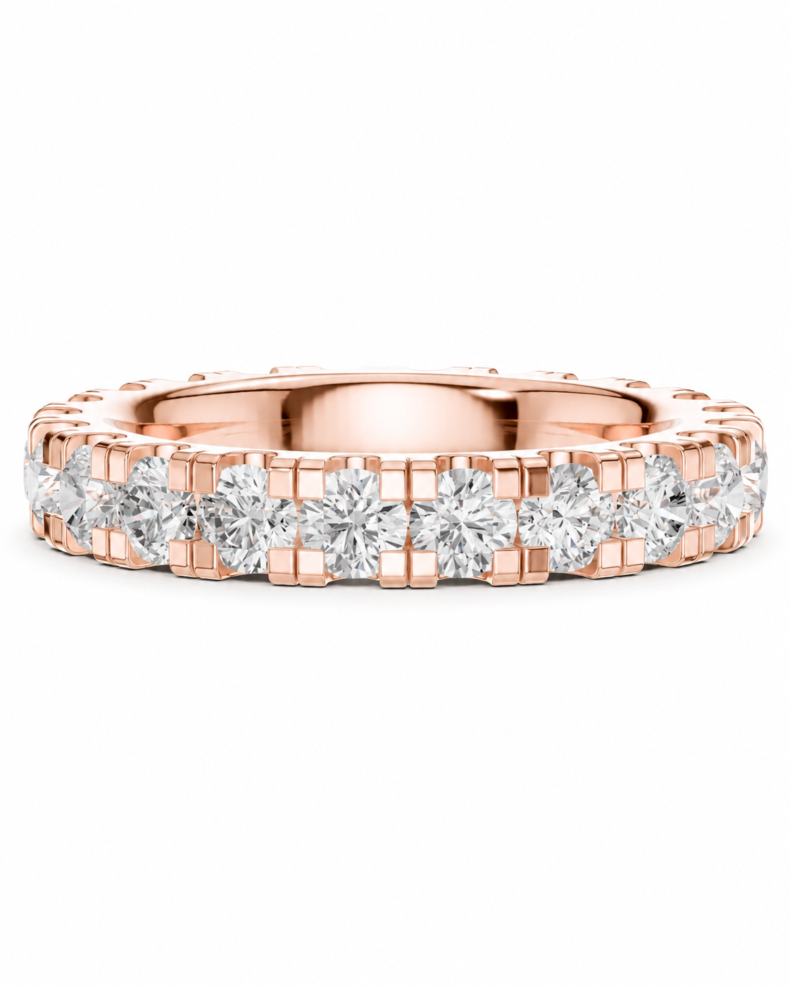 color_10K_RG, color_14K_RG &&A rose gold eternity ring featuring a continuous row of round brilliant-cut diamonds in a prong setting, shown on a clean white background.